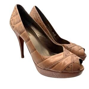 Stuart Weitzman Platform Peep-toe High Heels in Beige Leather Size 8.5